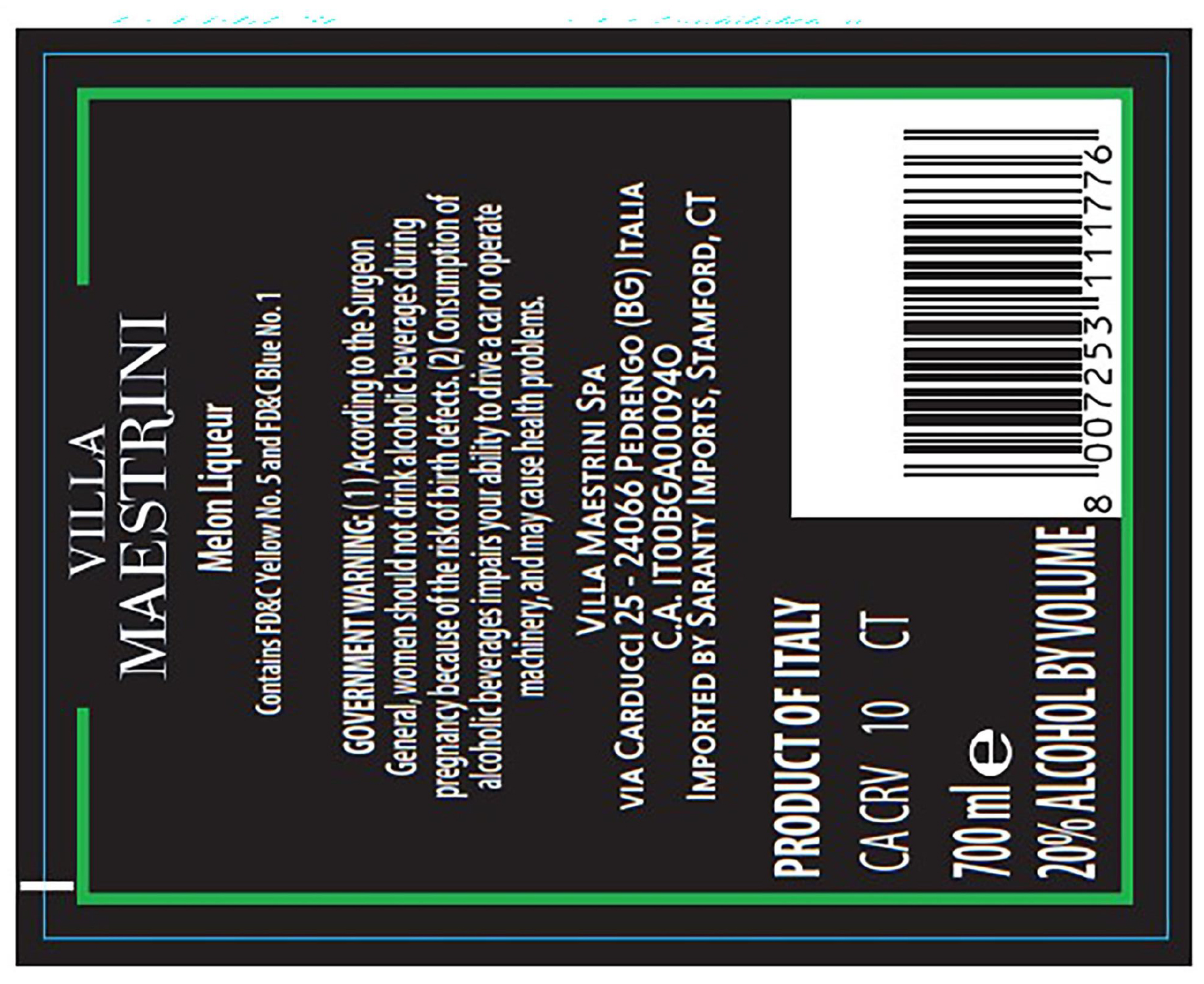 TABC label artwork for Villa Maestrini Melon Liqueur