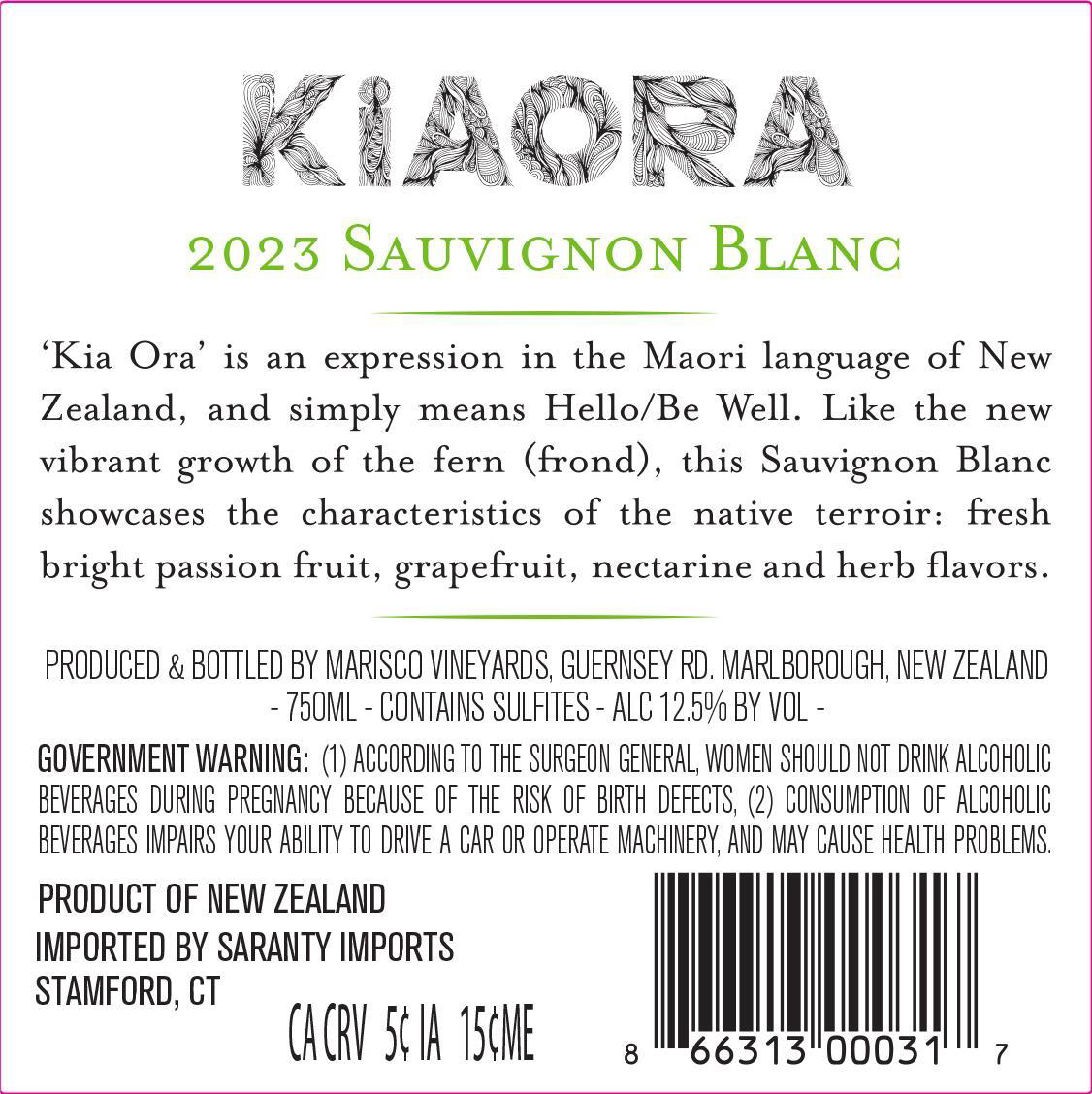 TABC label artwork for Kia Ora Sauv Blanc Marlborough