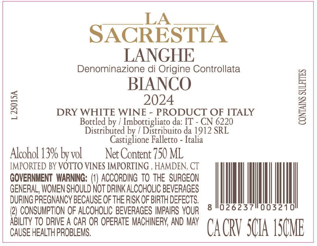 TABC label artwork for La Sacrestia Langhe Bianco DOC