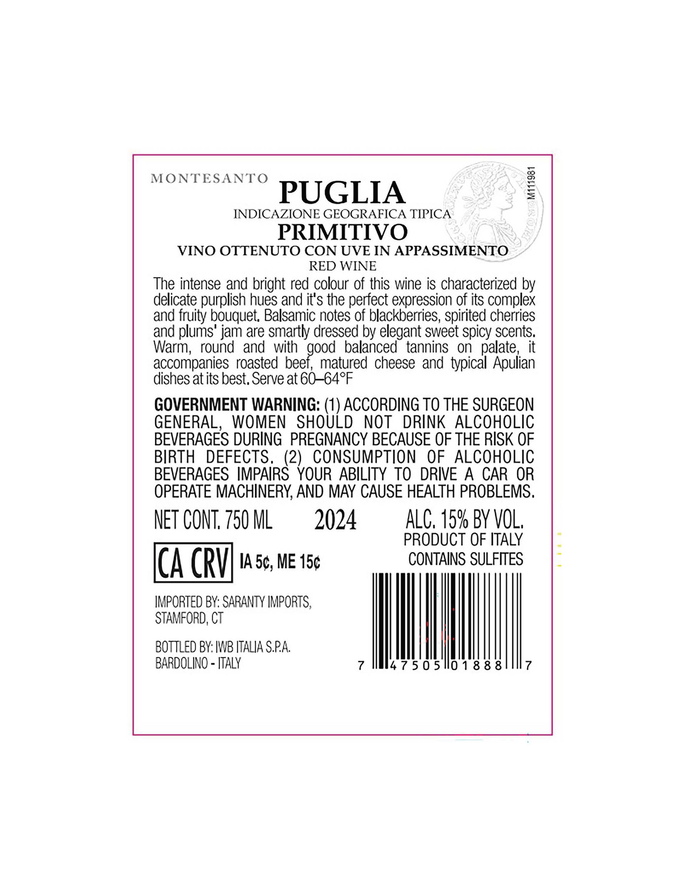 TABC label artwork for Montesanto Primitivo Appassimento Puglia