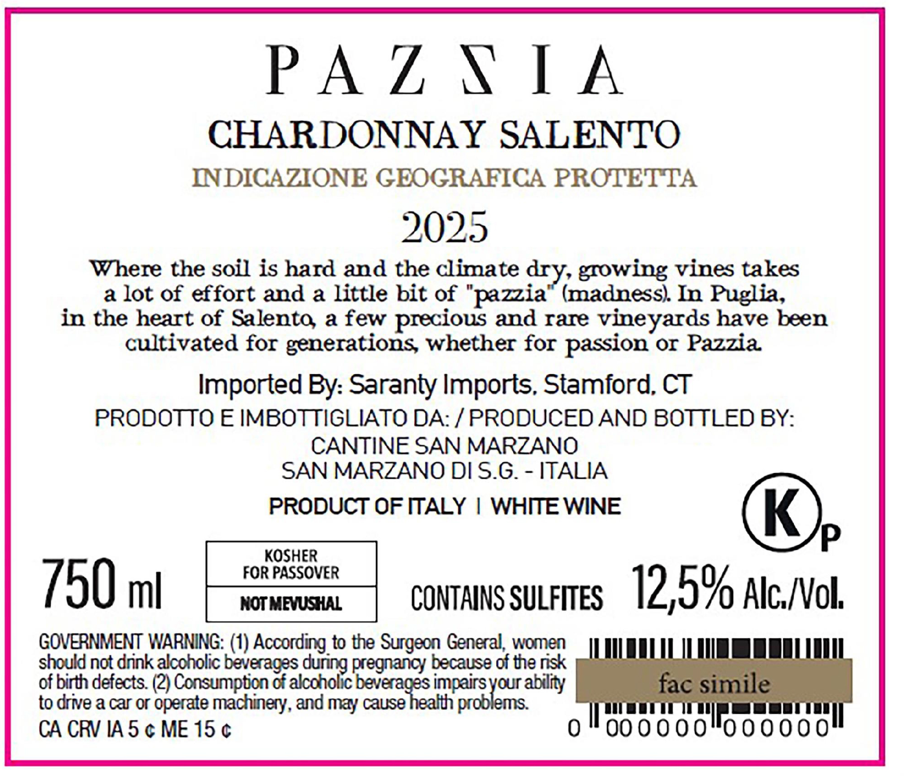 TABC label artwork for Pazzia Chardonnay IGP Salento