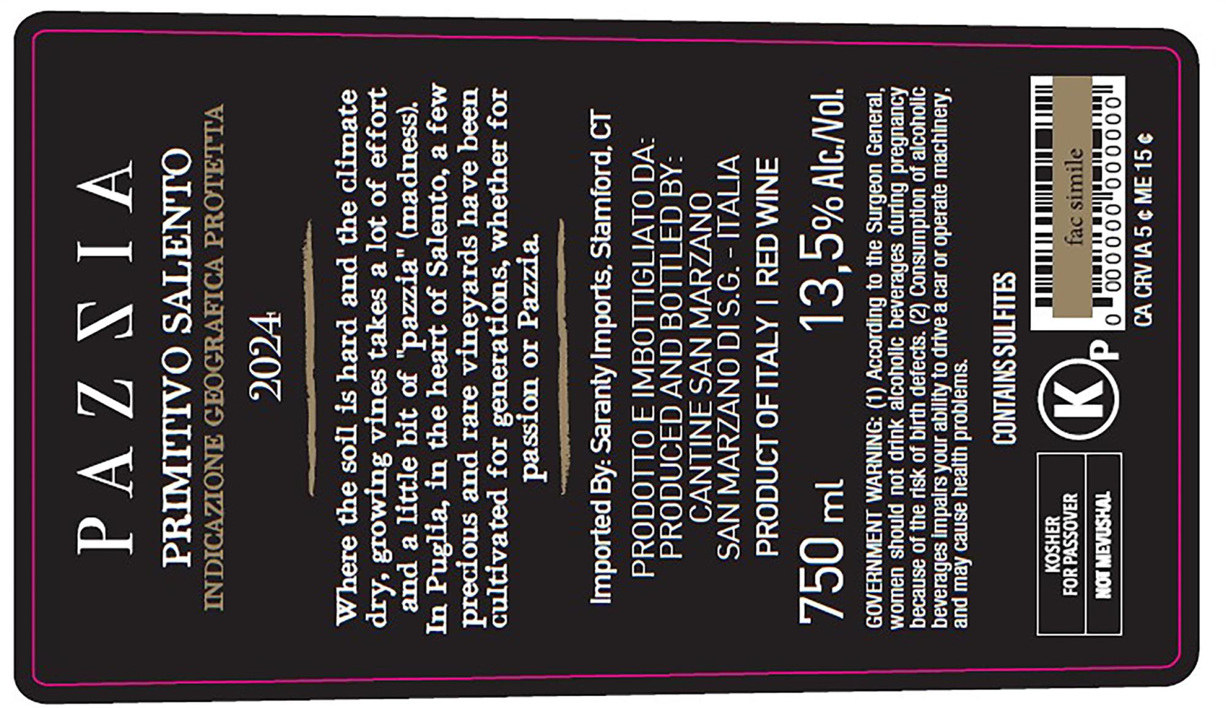 TABC label artwork for Pazzia Primitivo IGP Salent