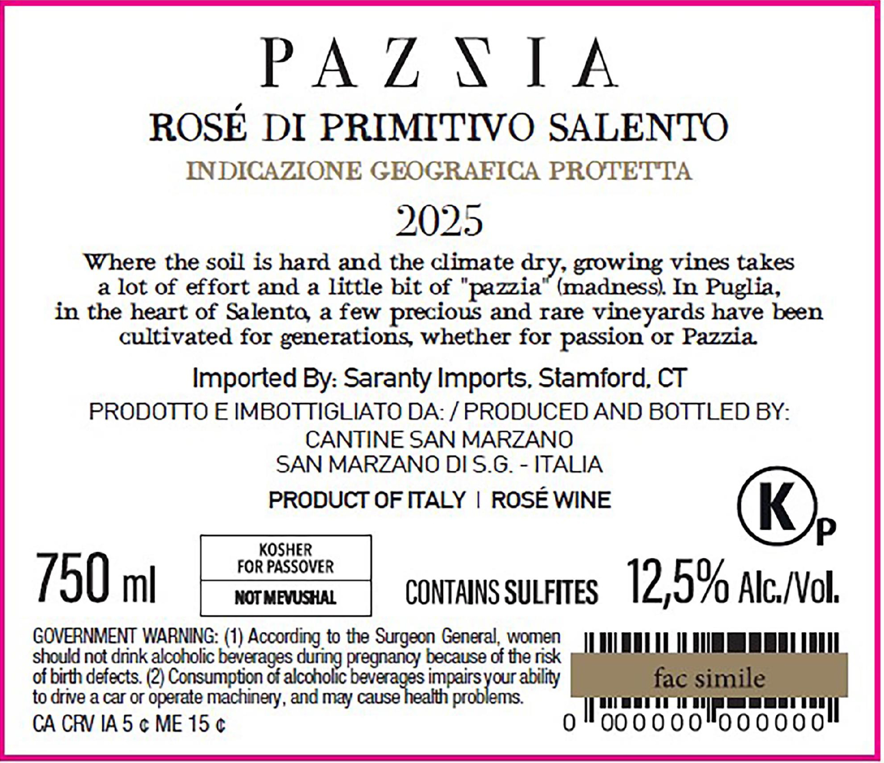 TABC label artwork for Pazzia Rose di Primitivo