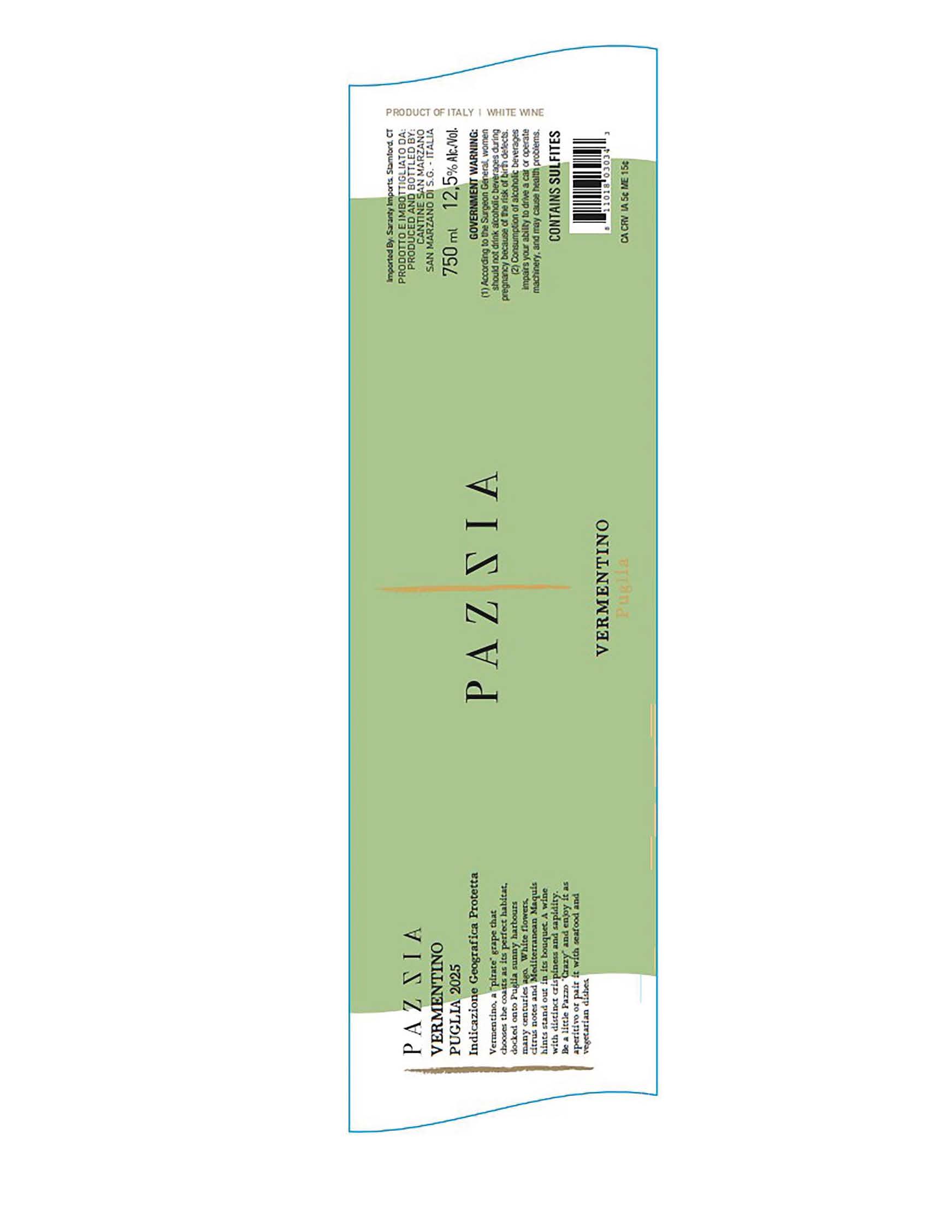 TABC label artwork for Pazzia Vermentino IGP Puglia