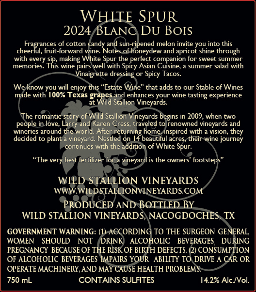 TABC label artwork for Wild Stallion Vineyards White Spur Blanc du Bois