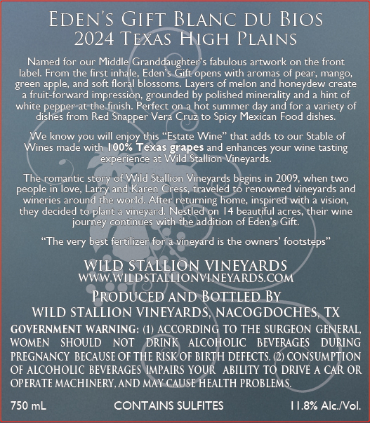 TABC label artwork for Wild Stallion Vineyards Eden's Gift Blanc du Bois