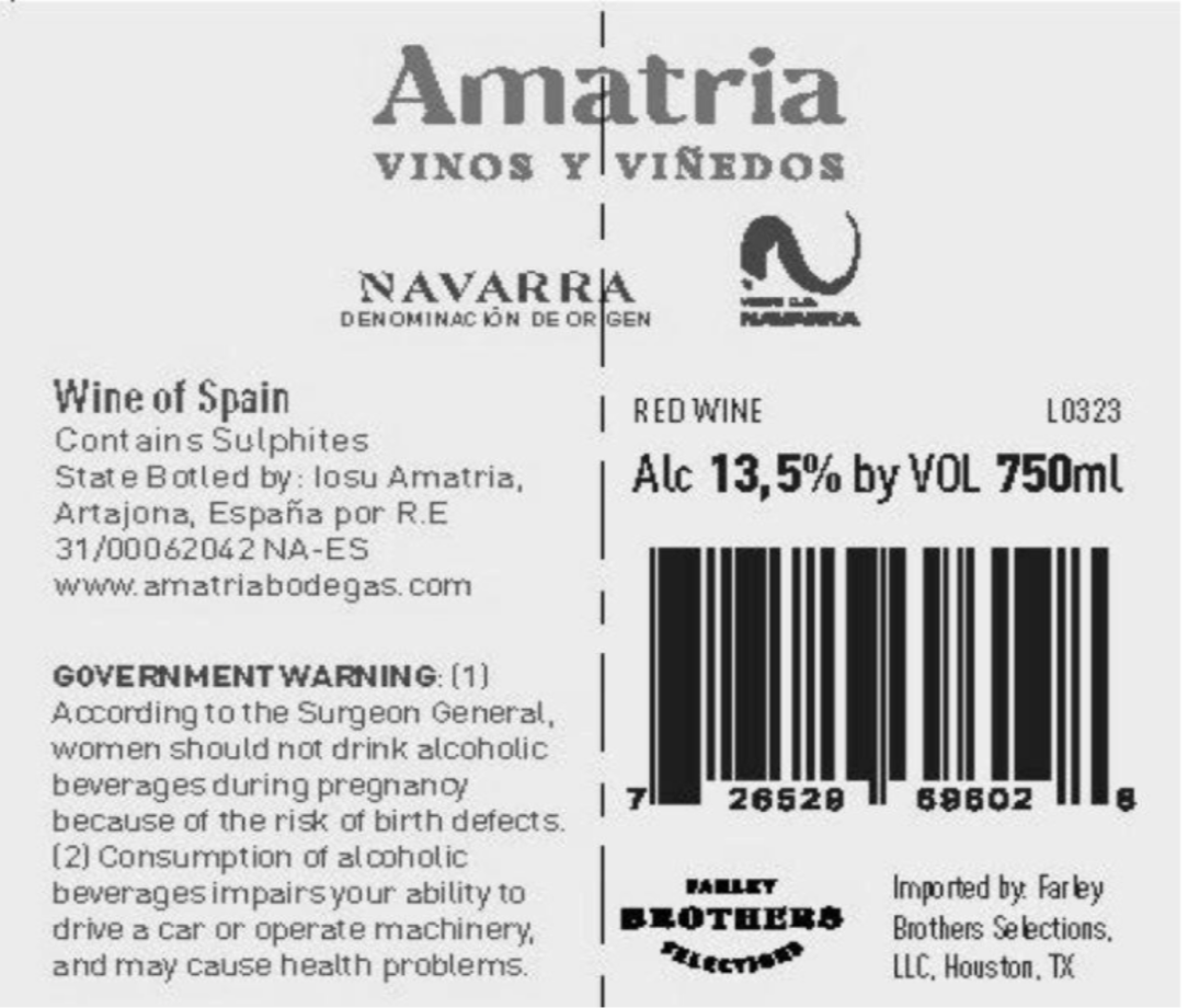 TABC label artwork for Amatria Vinos Y Vineodos