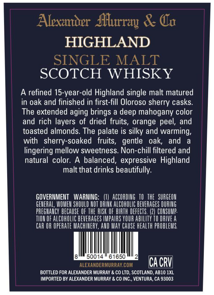 TABC label artwork for Alexander Murray Highland 15Yr Sherry Finish Whisky