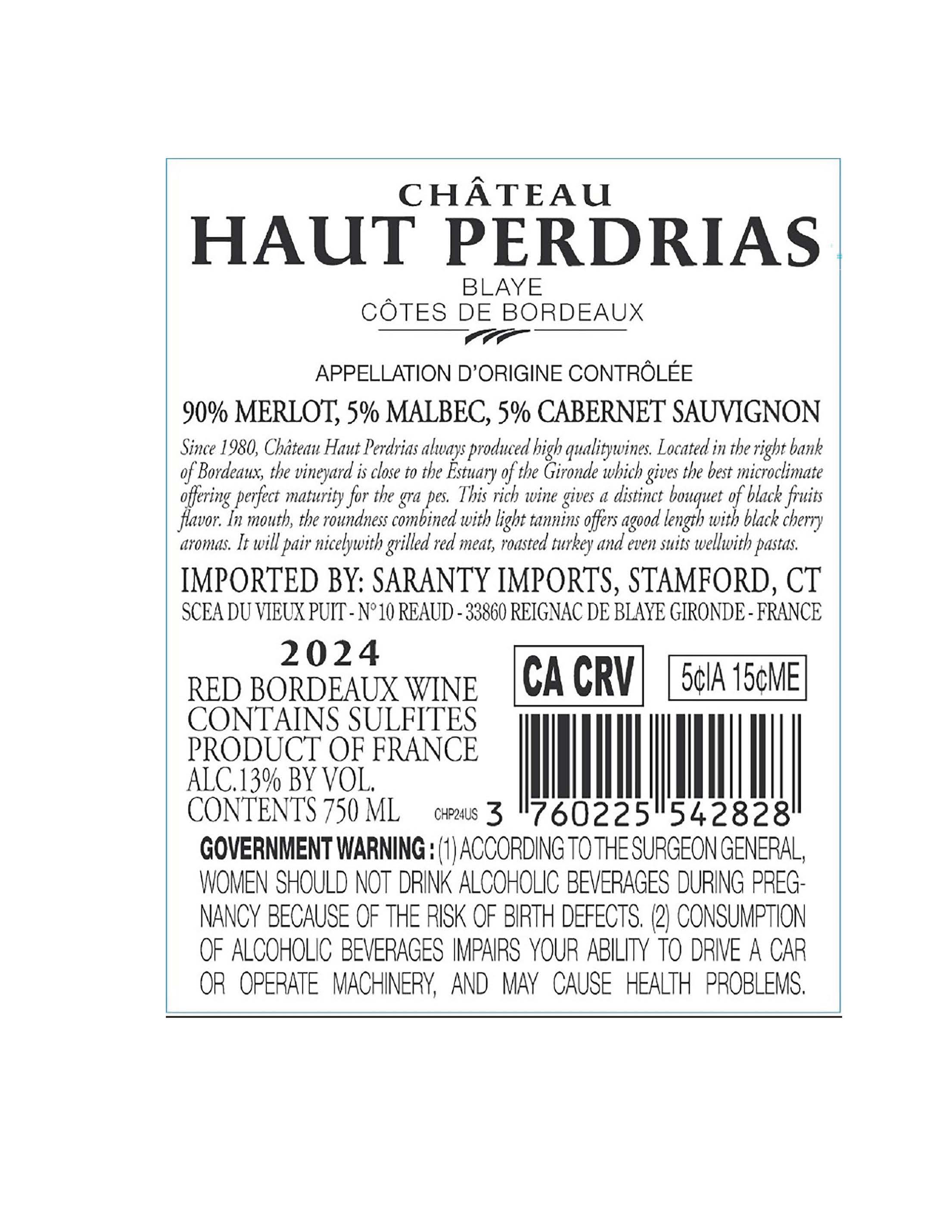 TABC label artwork for Chateau Haut Pedrias Red Blaye Cotes De Bordeaux