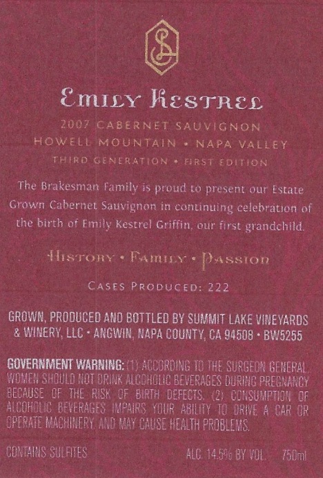 TABC label artwork for Summit Lake Cabernet Sauvignon