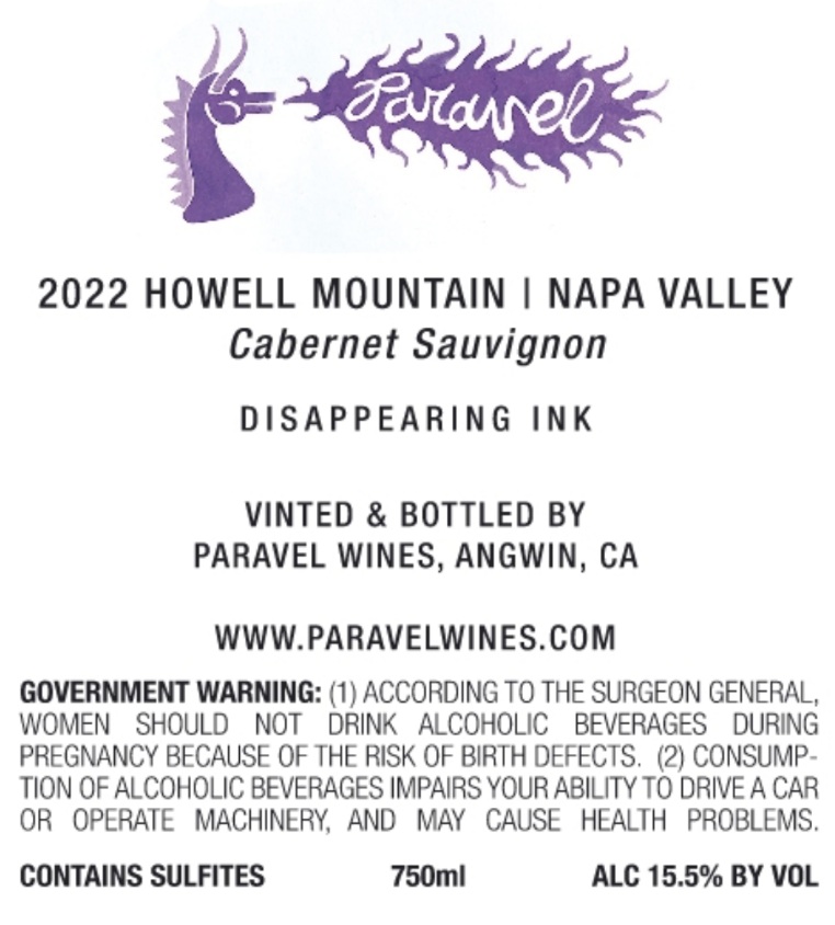 TABC label artwork for Paravel Wines Disappearing Ink Cabernet Sauvignon
