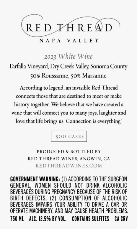 TABC label artwork for Red Thread Wines White Blend