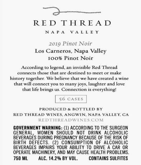 TABC label artwork for Red Thread Wines Pinot Noir