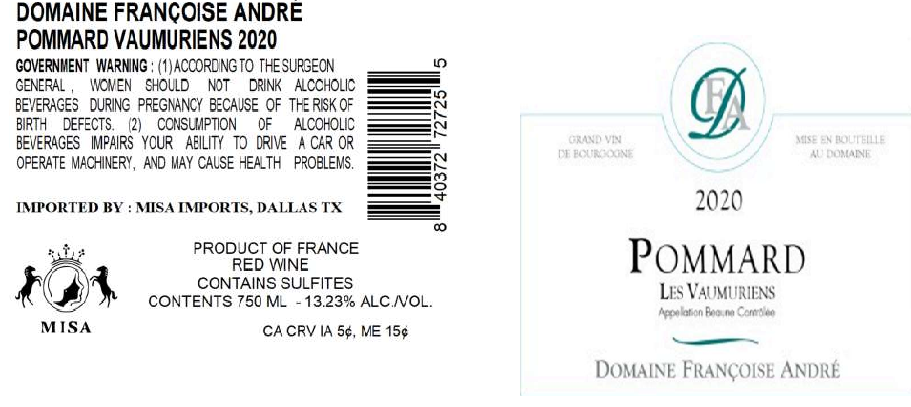 TABC label artwork for DOMAINE FRANCOISE ANDRE LES VAUMURIENS