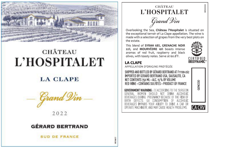 TABC label artwork for Gerard Bertrand Chateau l'Hospitalet Le Clape Syrah Grenach Noir, Mourvedre