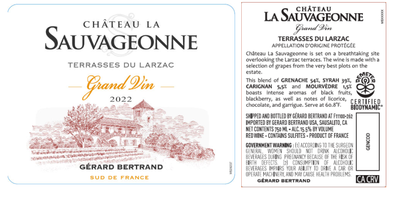 TABC label artwork for Gerard Bertrand Chateau La Sauvageonne Grenache, Syrah, Carignan, Mourvedre Terrasss du Larzac