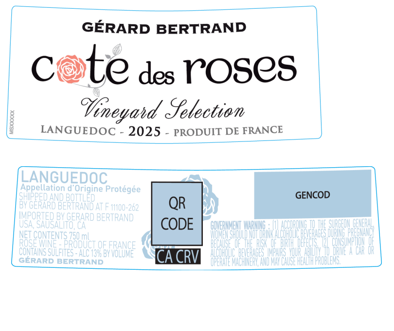 TABC label artwork for Gerard Bertrand Cote des Roses Languedoc Rose Vineyard Selections