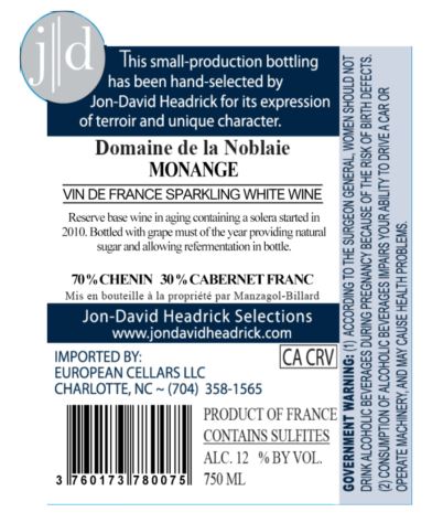 TABC label artwork for DOMAINE DE LA NOBLAIE MONANGE VIN DE FRANCE