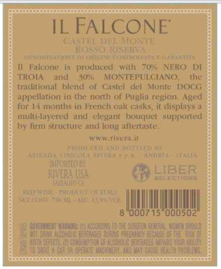 TABC label artwork for RIVERA IL FALCONE CASTEL DEL MONTE