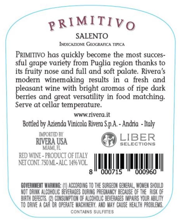TABC label artwork for RIVERA SALENTO IGT