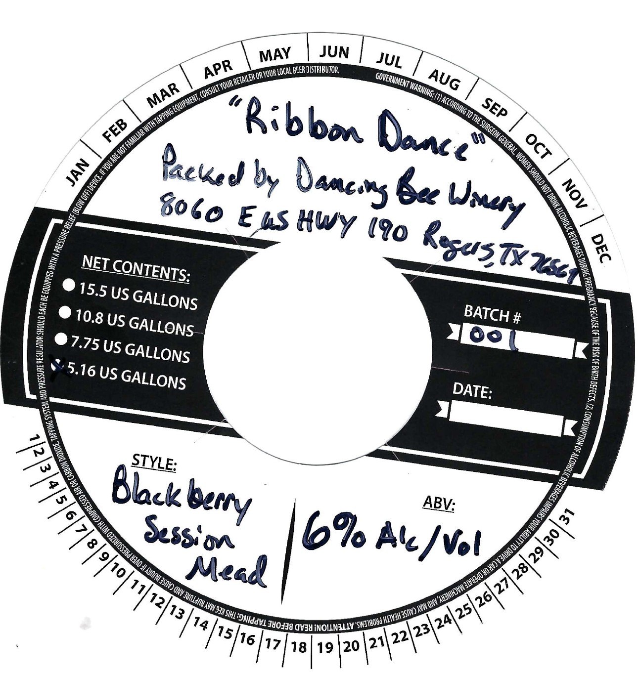 TABC label artwork for Dancing Bee Winery Ribbon Dance Blackberry Session Mead