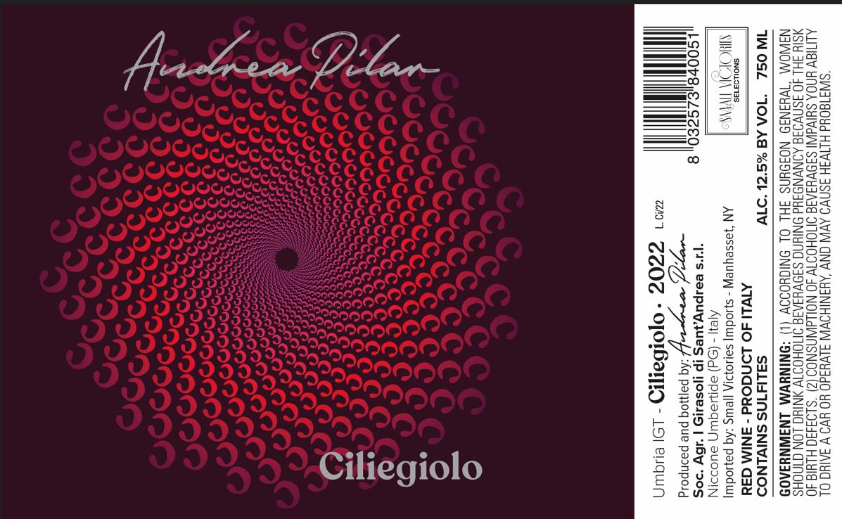 TABC label artwork for Andrea Pilar, Ciliegiolo	Umbria IGT