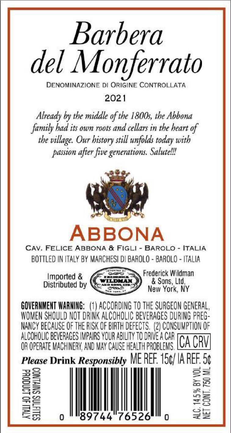 TABC label artwork for Abbona Barbera del Monferrato