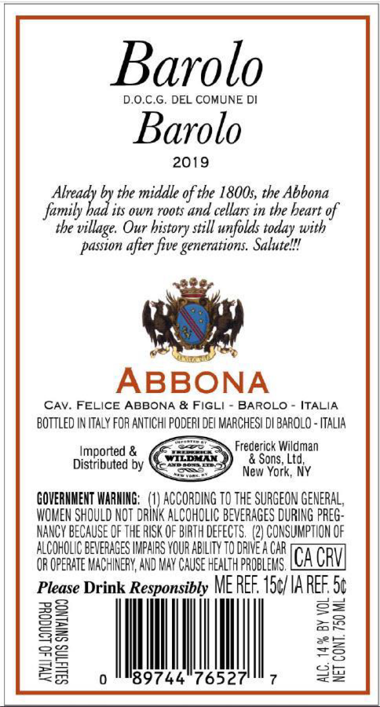 TABC label artwork for Abbona Barolo di Barolo