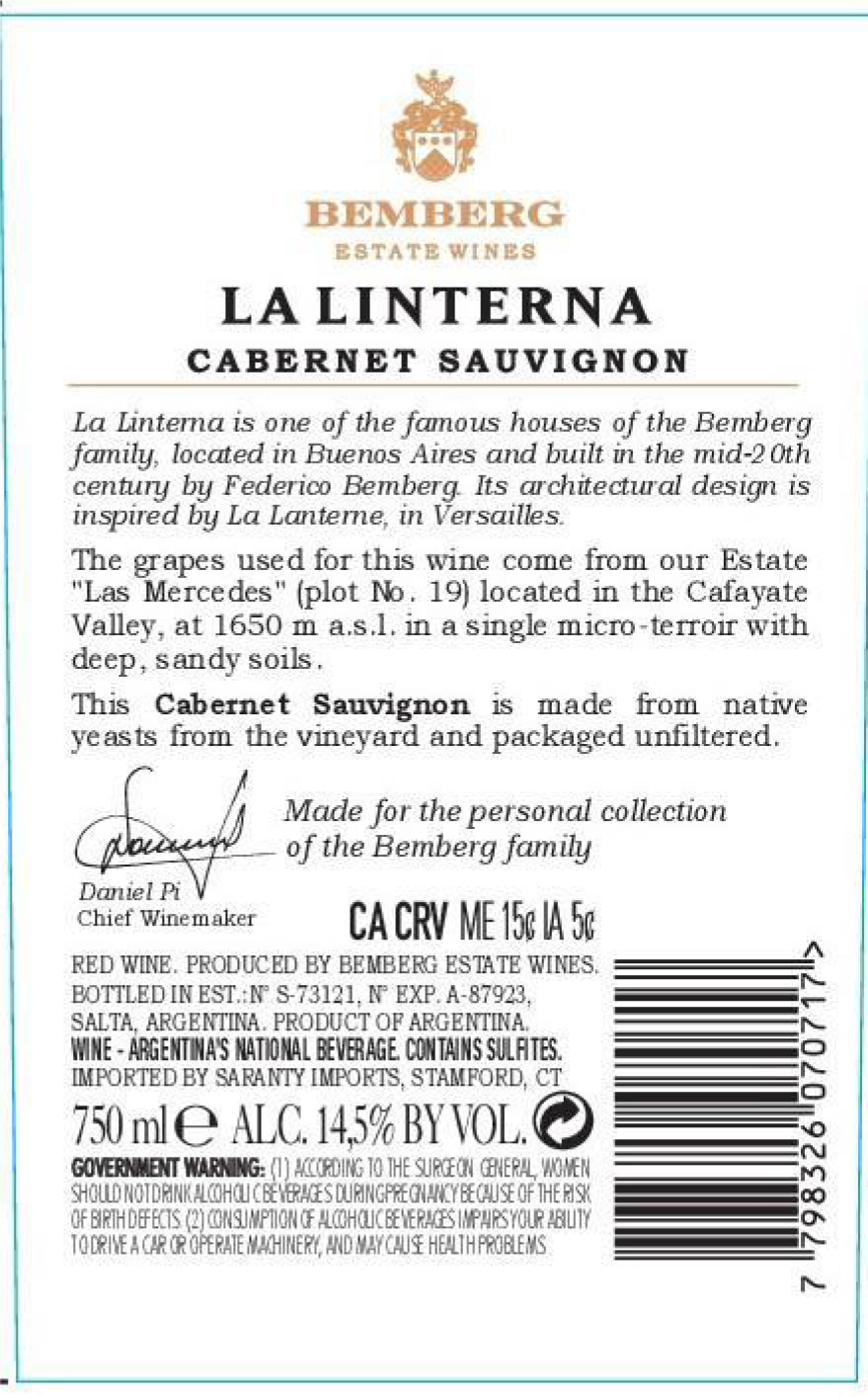 TABC label artwork for Bemberg La Linterna Las Mercedes Cabernet Sauvignon