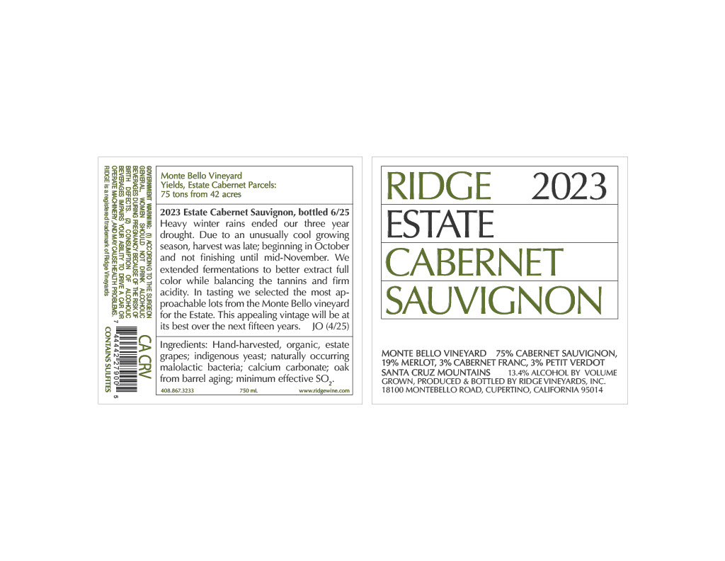 TABC label artwork for Ridge 2023 Estate Cabernet Sauvignon