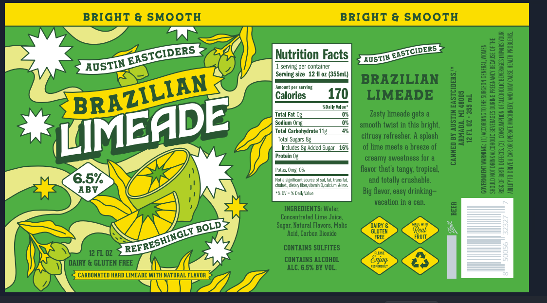 TABC label artwork for Austin Eastciders Brazilian Limeade