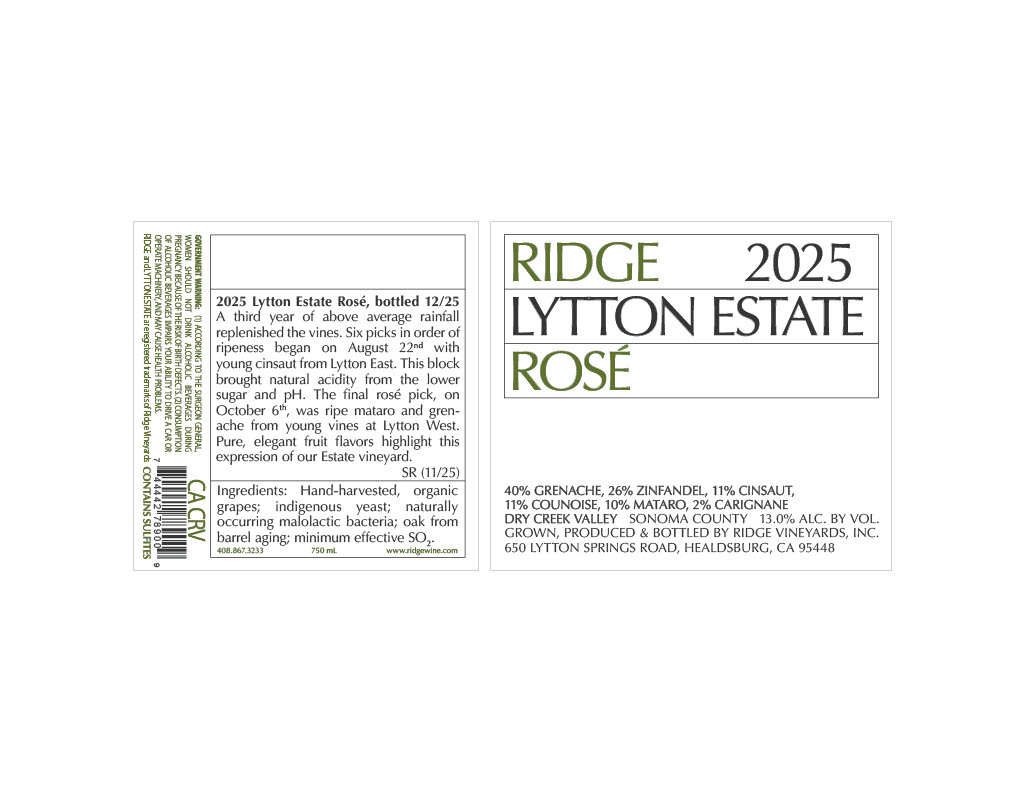 TABC label artwork for Ridge 2025 Lytton Estate Rose'