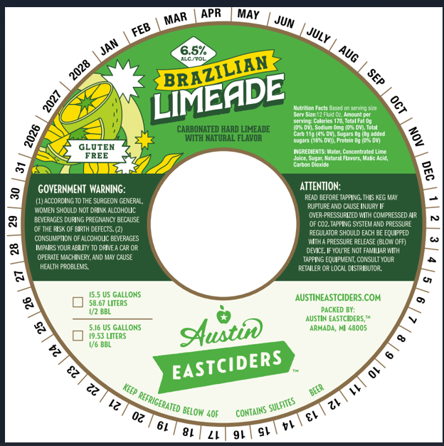 TABC label artwork for Austin Eastciders Brazilian Limeade (keg)