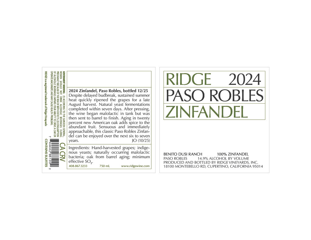 TABC label artwork for Ridge 2024 Paso Robles Zinfandel