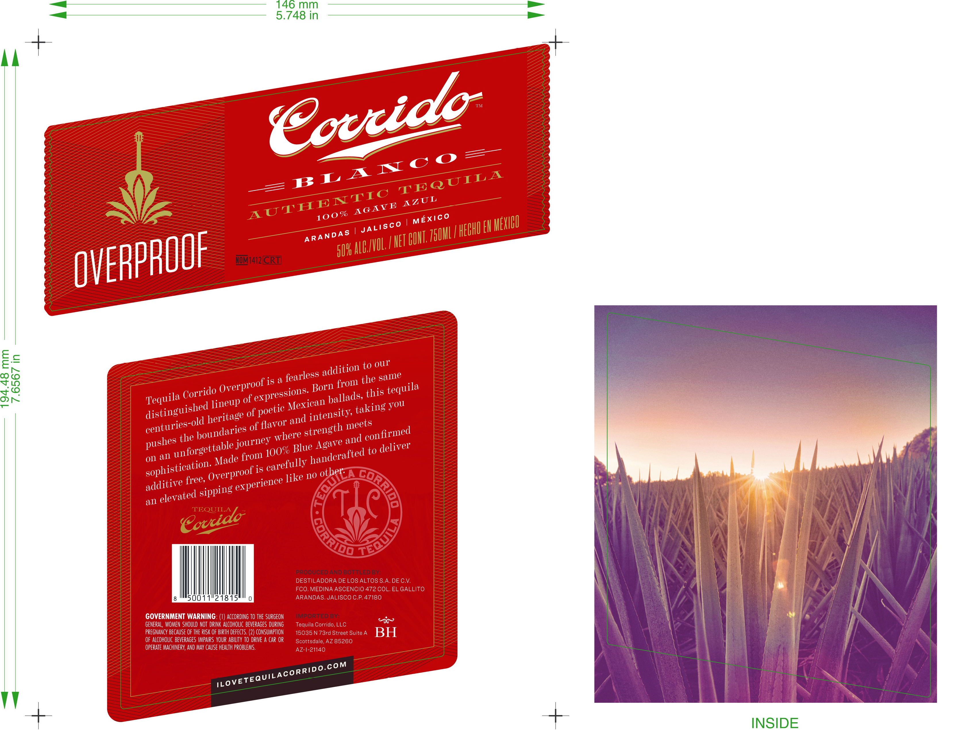 TABC label artwork for CORRIDO OVERPROOF BLANCO TEQUILA