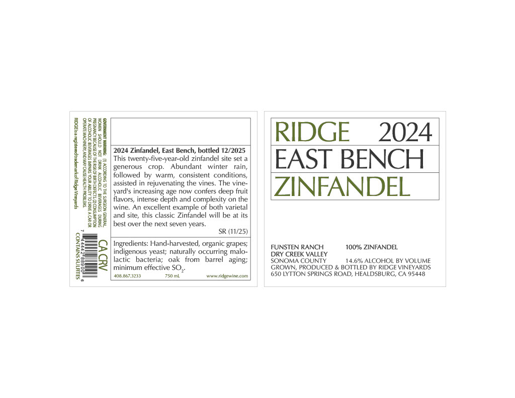 TABC label artwork for Ridge 2024 East Bench Zinfandel