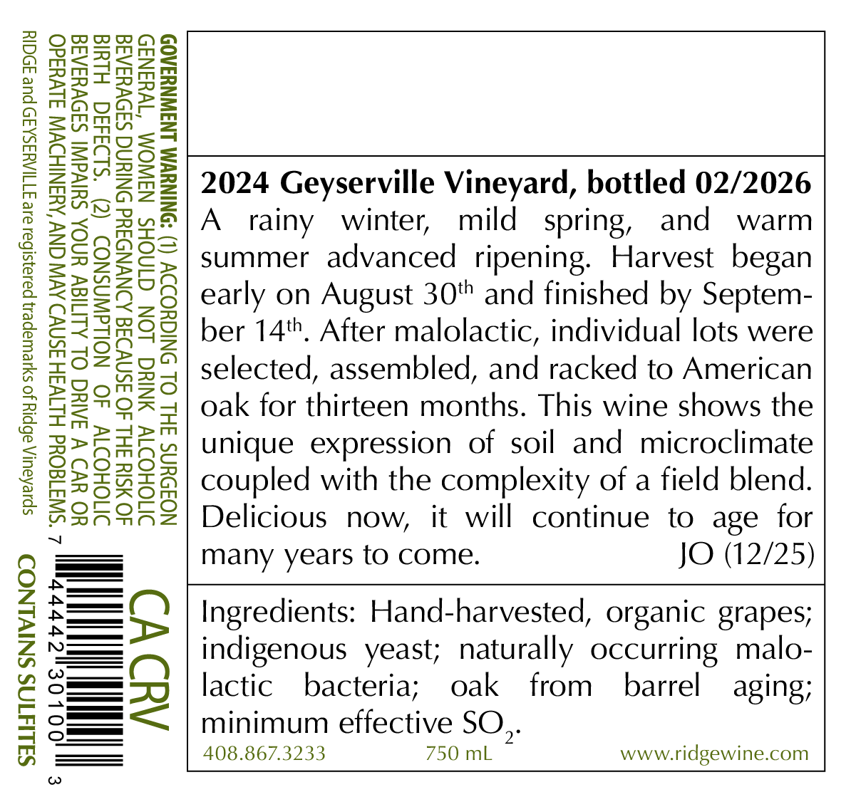 TABC label artwork for Ridge 2024 Geyserville Vineyard