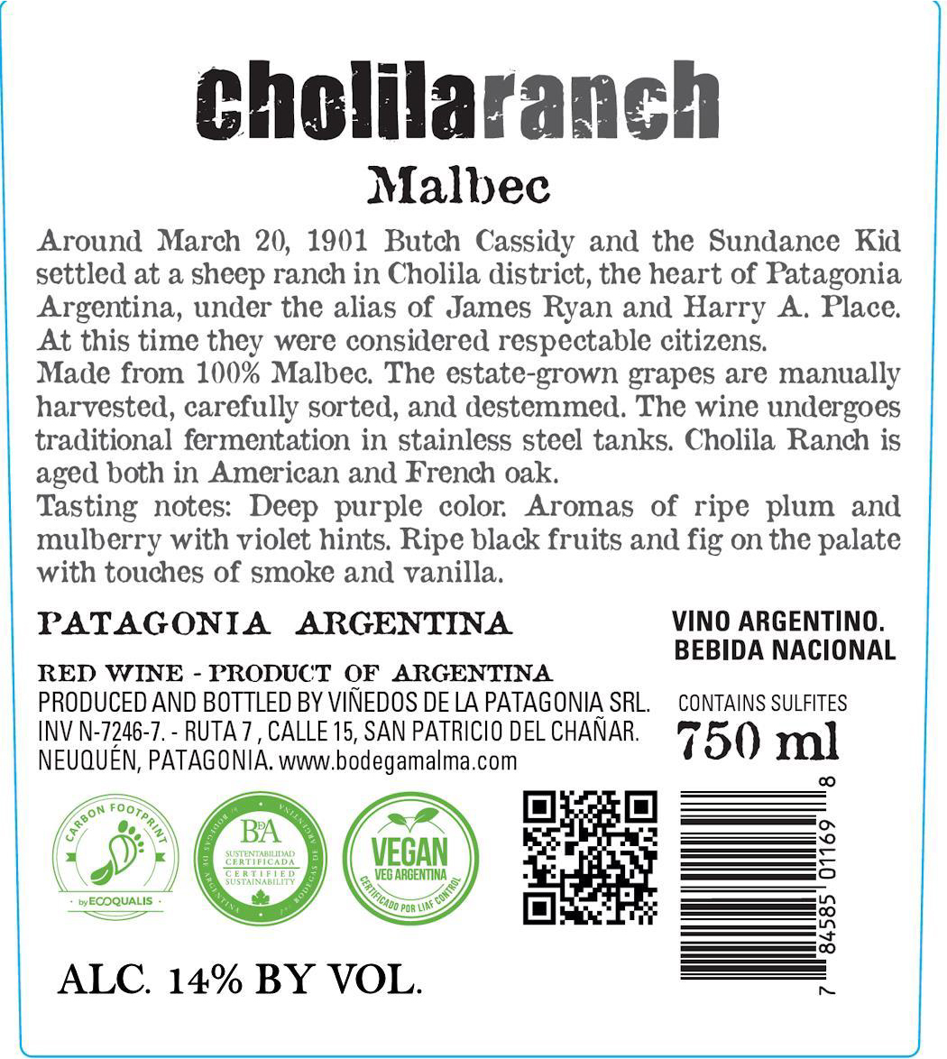 TABC label artwork for Cholila Ranch Malbec Patagonia Argentina