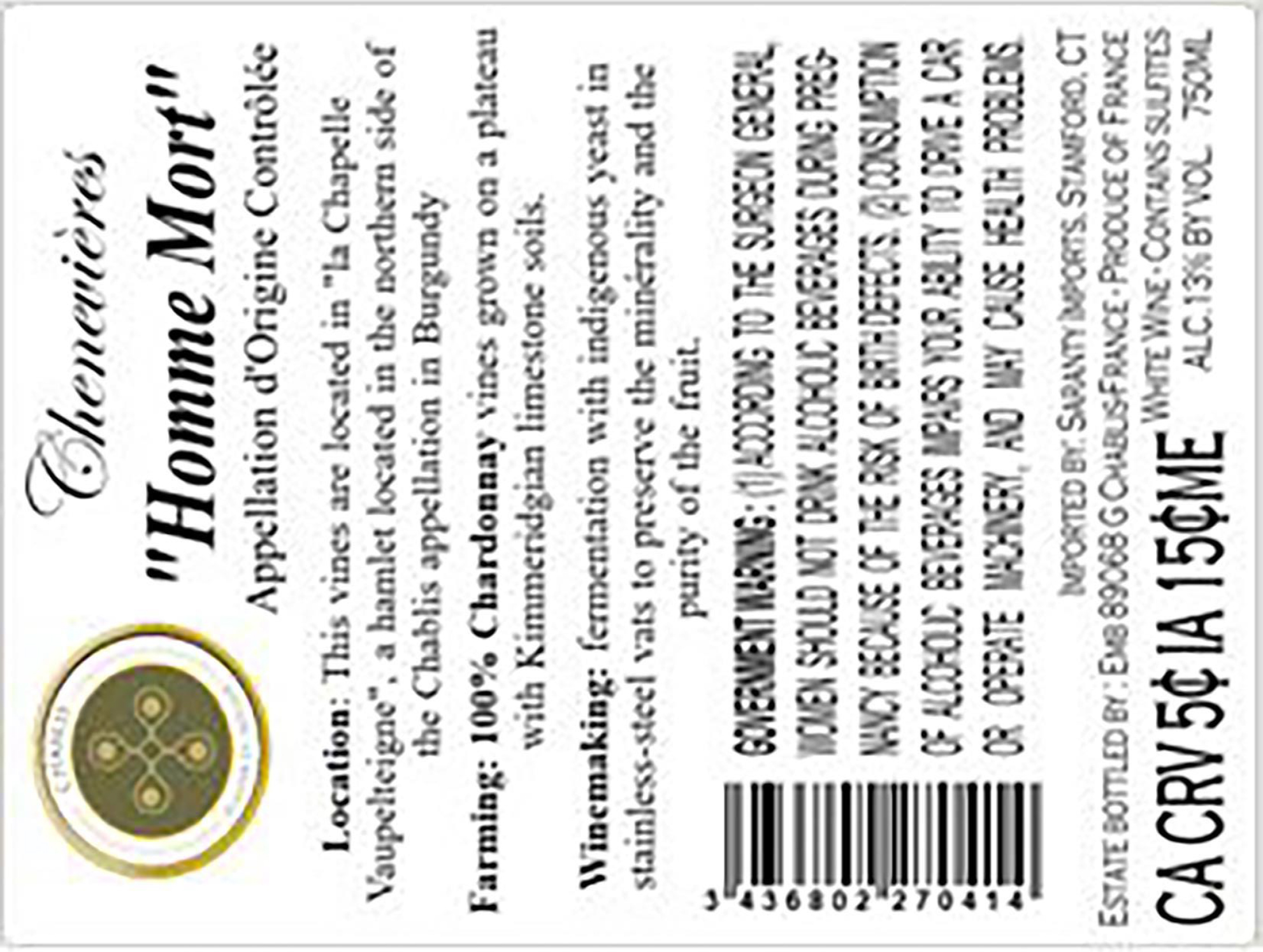 TABC label artwork for Chenevieres Homme Mort Chardonnay Chablis