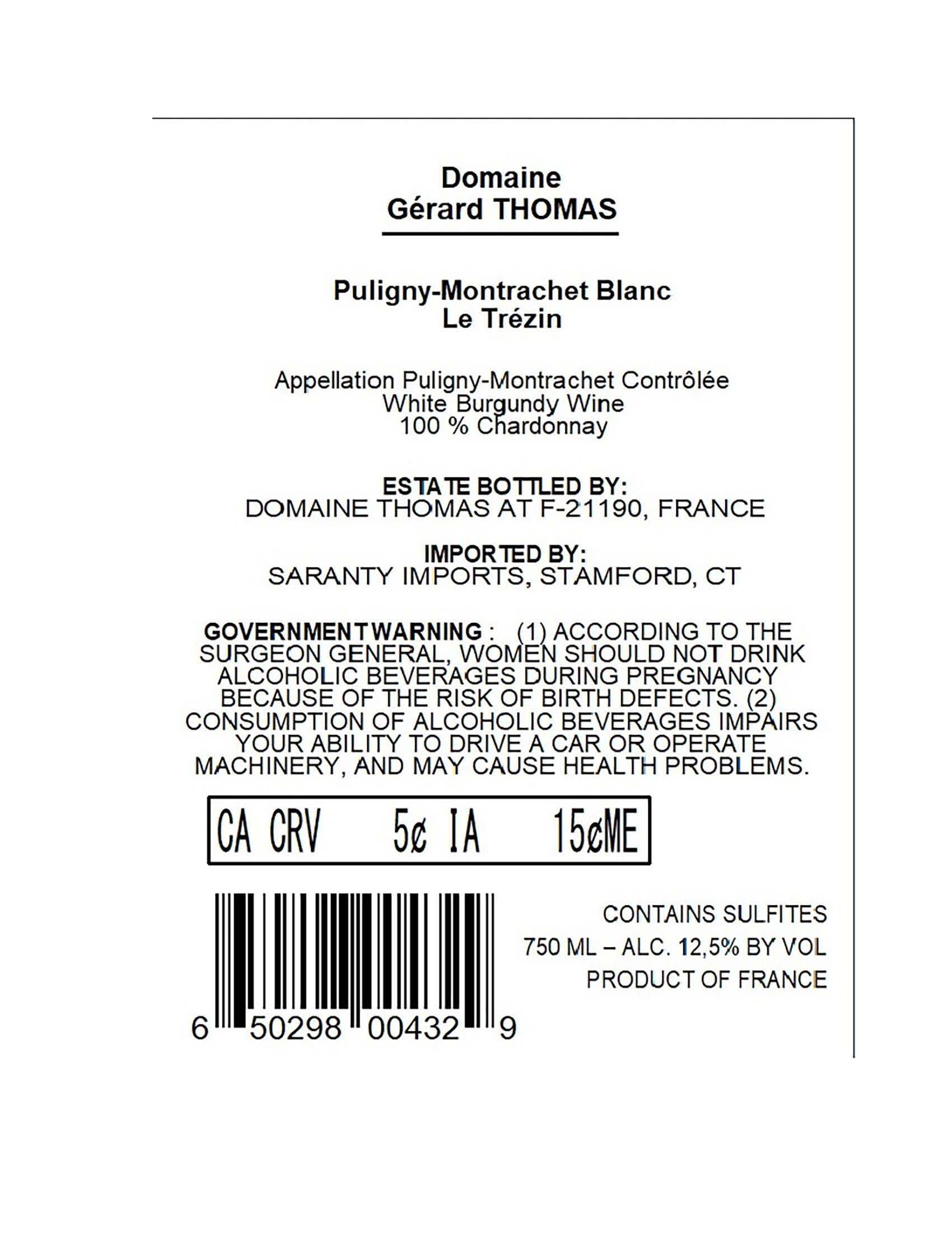 TABC label artwork for Domaine Gerard Thomas Puligny-Montrachet Le Trezin
