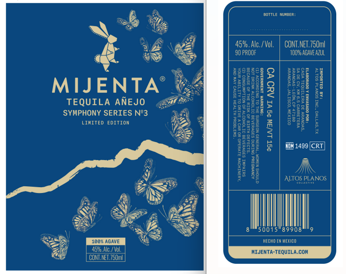 TABC label artwork for Mijenta Tequila Reposado series No 3