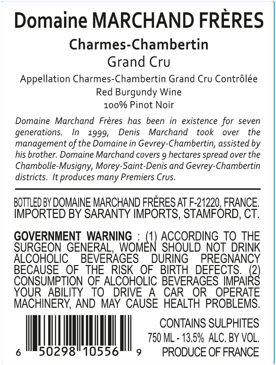 TABC label artwork for Domaine Marchand Freres Pinot Noir Grand Cru Charmes-Chambertin
