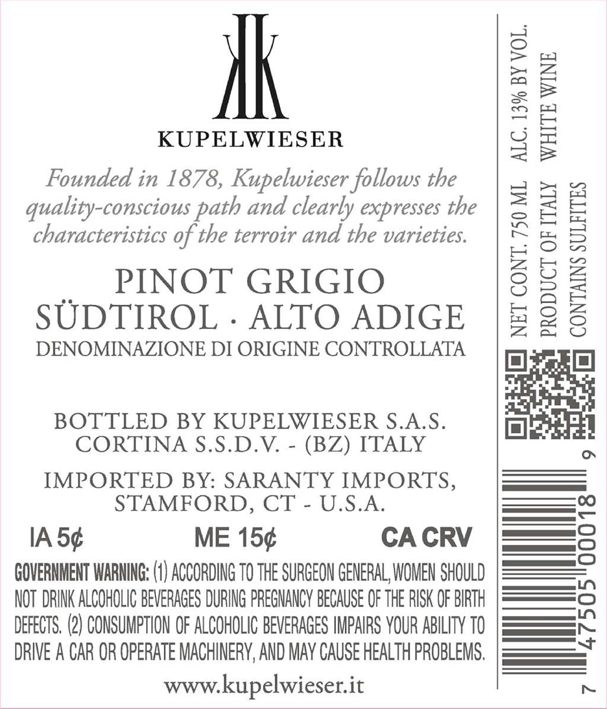 TABC label artwork for Kupelwieser Pinot Grigio Alto Adige