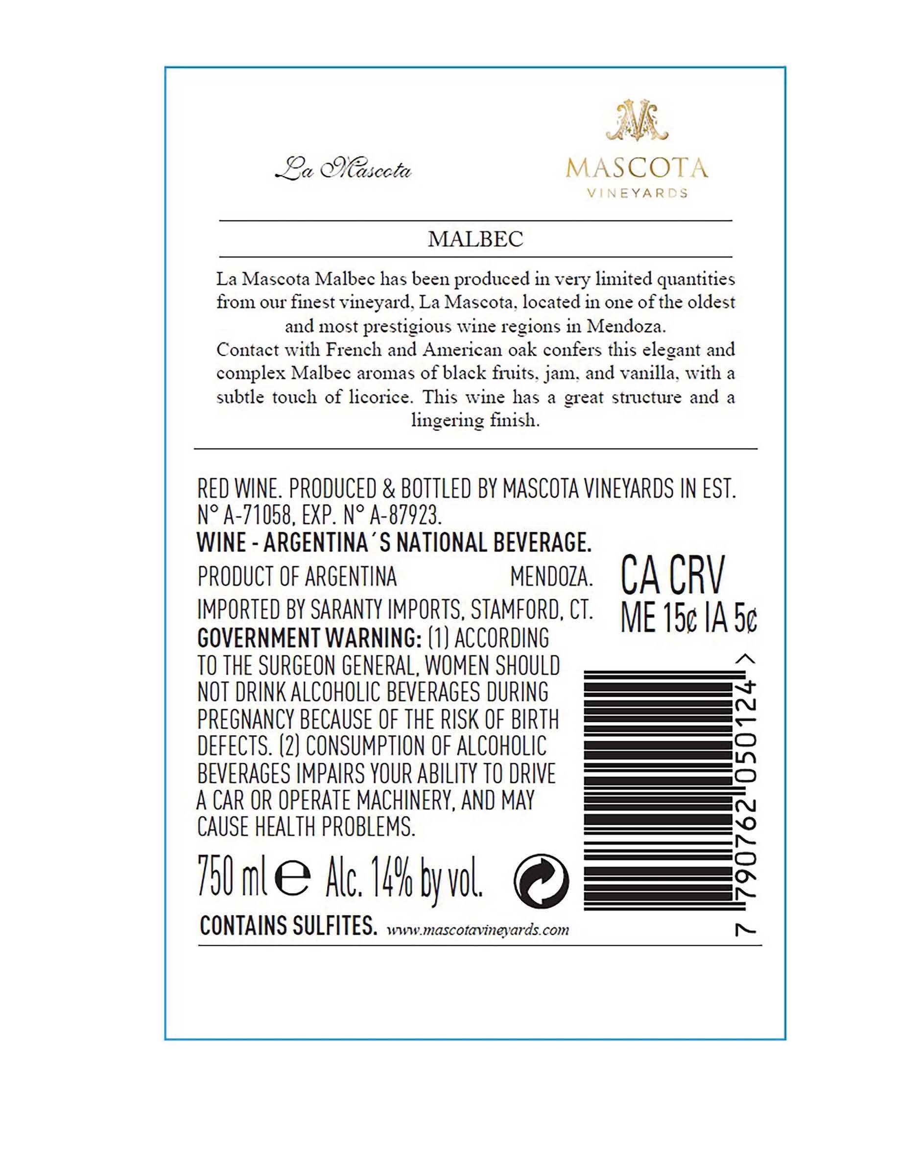 TABC label artwork for Mascota Vineyards Malbec La Mascota Mendoza