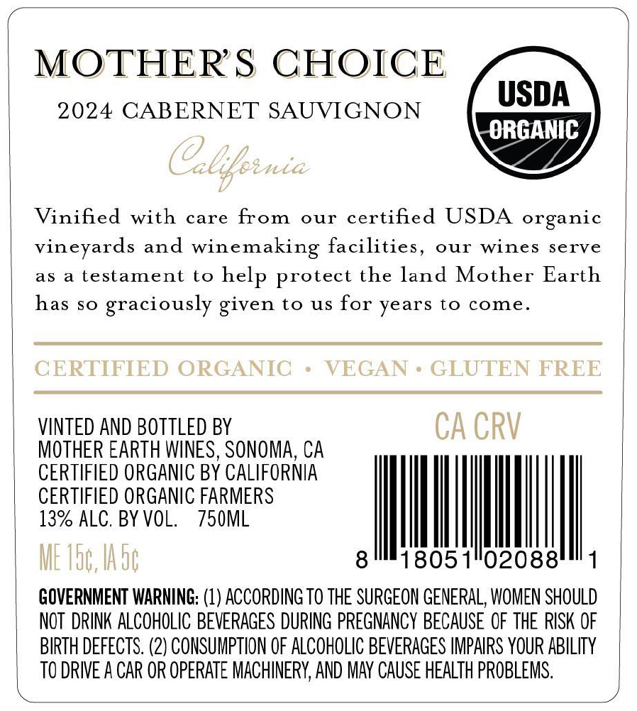 TABC label artwork for Mother’s Choice Organic Cabernet