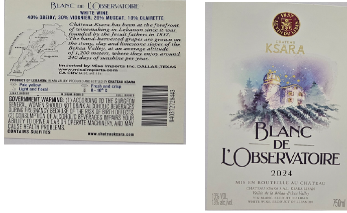 TABC label artwork for CHATEAU KSARA BLANC DE L'OBSERVATOIRE