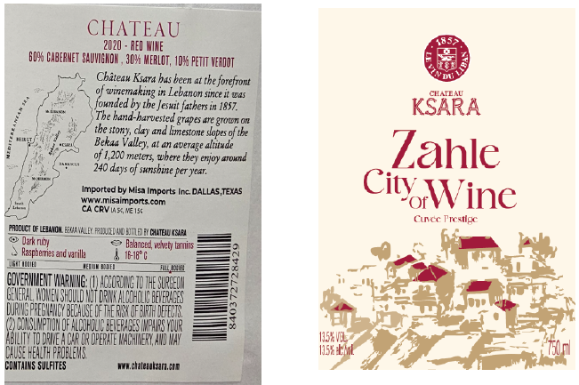 TABC label artwork for CHATEAU KSARA ZAHLE CITY OF WINE RED BEKAA VALLEY