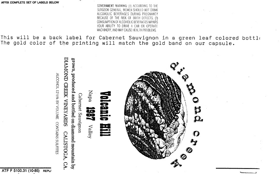 TABC label artwork for Dimond Creek Volcanic Hill 1987 Cabernet Sauvignon