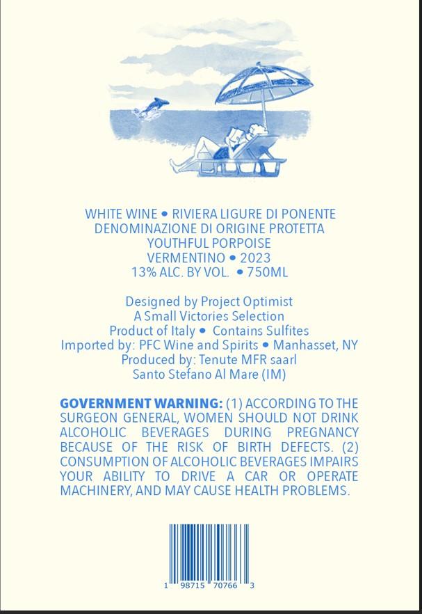 TABC label artwork for Youthful Porpoise, Vermentino, Riviera Ligure di Ponente