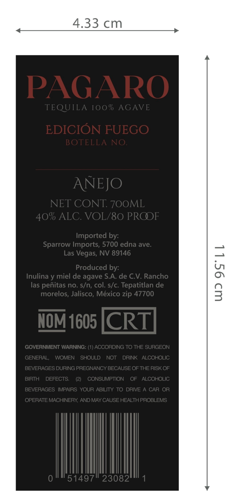 TABC label artwork for Pagaro Tequila Anejo Edicion Fuego
